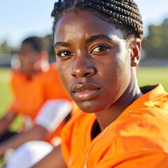 A focused young woman in an orange jersey stares intently at the camera, with a teammate blurred in the background on a sunny day