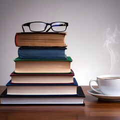 Naklejka premium Stack of books with eyeglasses and a cup of coffee with steam on a wooden table