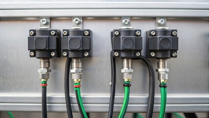 Close-up of electrical connectors mounted on a metal surface, showcasing multiple cables and industrial equipment.