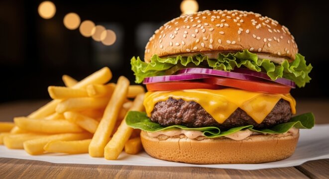 Delicious cheeseburger with fresh ingredients and crispy fries set.