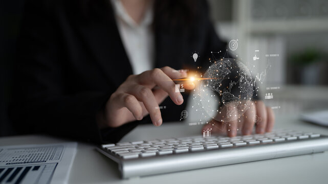 Global business network connecting digital economy and data exchange. Global business expands market, business shares data, global drives finance, and global business supports insight. Latch