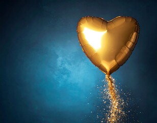A golden heart-shaped balloon floats against a dark blue background, releasing a stream of shimmering particles