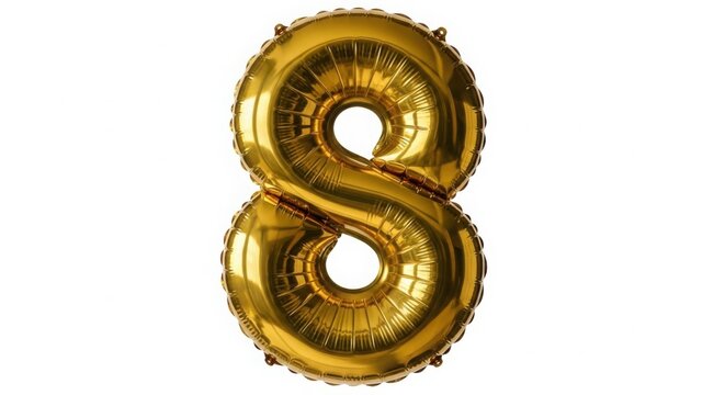 Golden number 8 foil balloon for celebration or anniversary event.