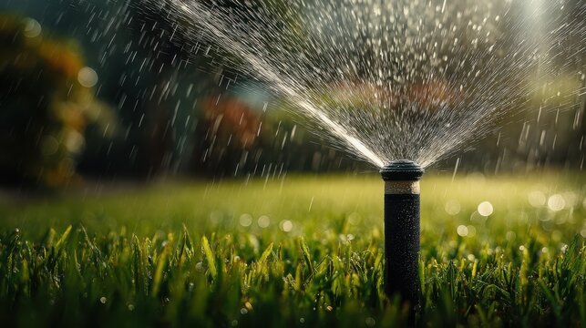 A close-up of a garden sprinkler watering lush green grass, capturing sparkling droplets in sunlight. - Powered by Adobe