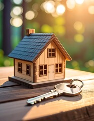 A miniature wooden house and a shiny key rest on a wood surface, sunlight streaming through a blurred green background
