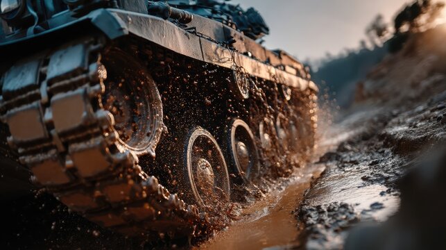 A close-up view of a tank's tracks splashing through muddy water, showcasing the power and ruggedness of military machinery in action.