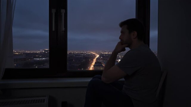 A man sits by a window, looking out at the illuminated city skyline at night, deep in thought.