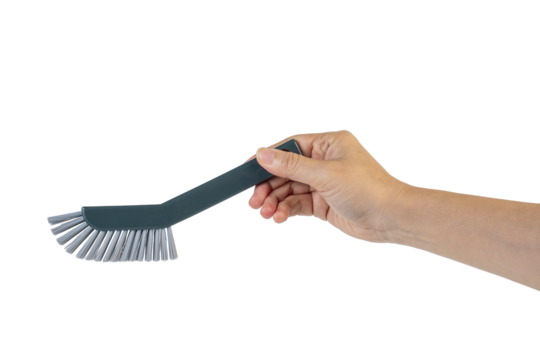 Blue toilet brush in hand on transparent background