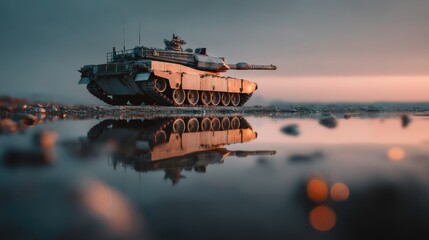 A military tank rests near a body of water, reflecting its image against a serene background, blending technology with nature.