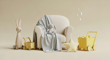Charming Nursery Scene with Plush Bunny, Wooden Toy, and Yellow Cart Filled with Balls on a Soft Beige Backdrop Evoking Childhood Innocence and Playful Decor