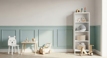 Charming Children's Room with Pastel Colors, Wooden Toys, Playful Furniture, and a Cozy Atmosphere for Creative Play and Early Childhood Development