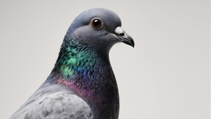 Fototapeta premium Close-up of a pigeon with iridescent neck feathers against a white background.
