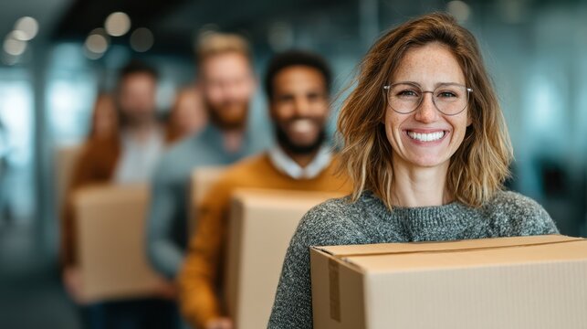A woman smiles broadly while carrying a box, with a group of colleagues in the background, all holding boxes in an office environment.