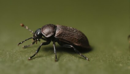Fototapeta premium Close-up of a dark brown beetle with textured shell on a green surface.