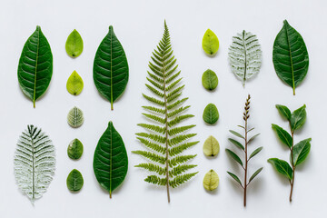 Symmetrical Flat-Lay of Fern & Ficus Leaves in Fresh Green Tone on White Background