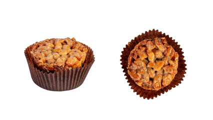 Toffee cake, a close up of homemade caramel nut chocolate cake bakery isolated on transparent background.