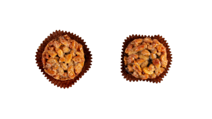 Toffee cake, a close up of homemade caramel nut chocolate cake bakery isolated on transparent background.