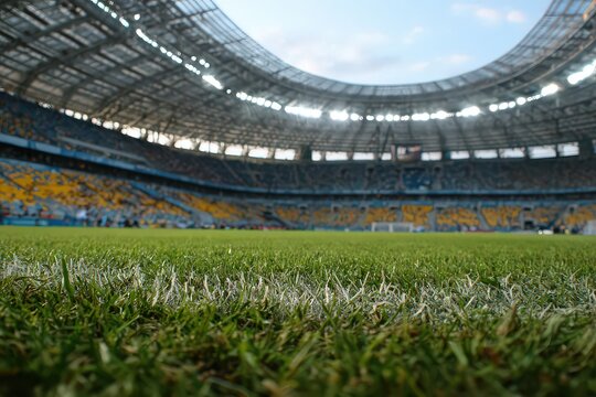 Vibrant Green Grass Field Inside Large Empty Stadium on Sunny Day with Blue Sky - Powered by Adobe