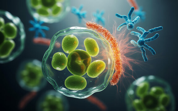 Illustration of immune cells attacking cancer cells a microscopic view of biological processes for medical and scientific visualization