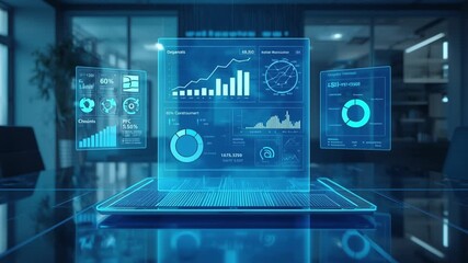 A futuristic scene showcasing holographic dashboards with various data visualizations floating above a laptop in a modern office. The image represents advanced technology, data analysis, and business  - Powered by Adobe