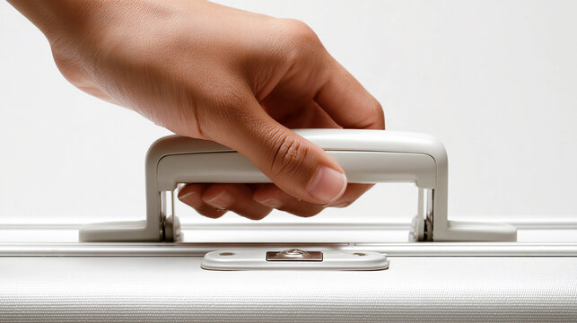 Hand reaching for suitcase handle in preparation for travel
