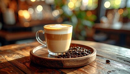 A clear glass mug filled with a layered latte sits on a wooden saucer surrounded by roasted coffee beans.
