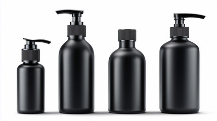 Black plastic bottles of various sizes for personal care products