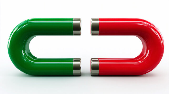 Red and green magnets attracting on a white background