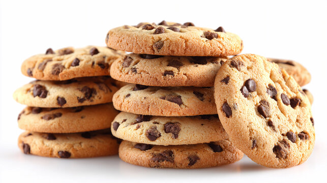 Freshly baked chocolate chip cookies stacked on a white background