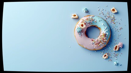 A single donut decorated with pink and blue frosting, colorful sprinkles, and small meringue pieces is placed on a plain blue surface.