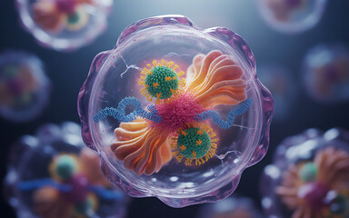 Detailed 3D rendering of a virus cell showcasing its complex structure and components for medical illustration and scientific research
