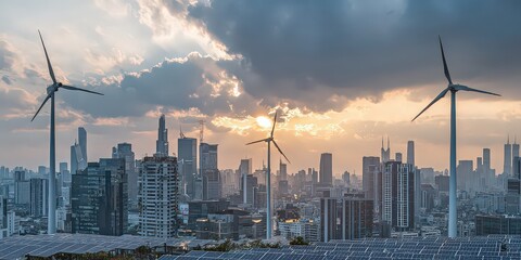 City Skyline Silhouette with Wind Turbines at Sunset Golden Hour Atmospheric Environmentally Conscious Energy