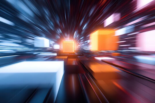 Abstract Digital Cubes And Lines Forming A Futuristic Tunnel With Orange And Blue Light - Powered by Adobe