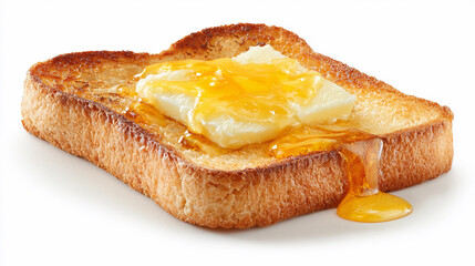 Delicious toast with butter and honey dripping on a white background