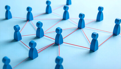 Human connections with blue figures and red linking lines, symbolizing networking and interaction.