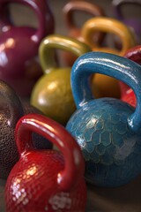 Close Up Shot of a Collection of Shiny Glitter Covered Kettlebells in Various Colors on a Dark Background