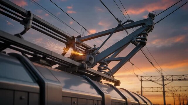 Electric train pantograph at sunset.