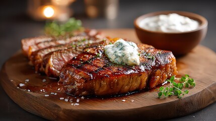 Close Up Steak Dish on Wooden Board with Butter and Sauce