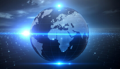Fototapeta premium Futuristic world map sphere with bright data points and hex grid, representing global connectivity and innovation.