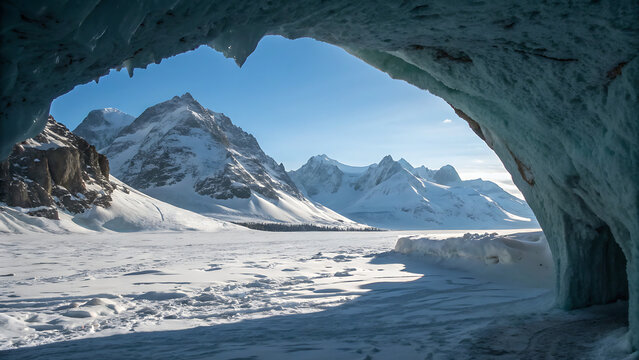 A stunning view from inside an ice cave, showcasing snowcovered mountains under a bright blue sky, creating a contrast between the cool ice and the warm sunlight