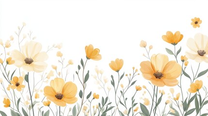 Obraz premium 43.Horizontal botanical backdrop with border of delicate blooming yellow flowers. Floral flat vector illustration isolated on white background: