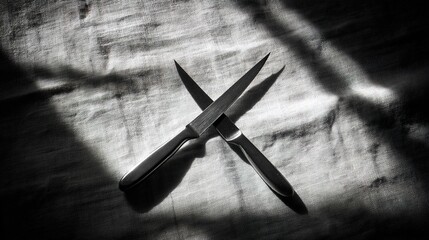 tablecloth. Crossed stainless steel knives on a textured linen tablecloth with sharp shadows. menu design, packaging mockups, designed for culinary blogs and recipe cards for restaurants.