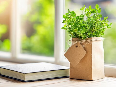 A green potted herb plant in a brown paper bag sits on a wooden table next to a closed book, with sunlight streaming through a window.