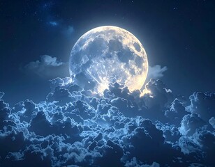 A luminous full moon shines brightly in the deep blue night sky, partially obscured by fluffy, layered clouds