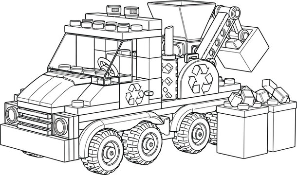 Detailed line art of a sixwheeled toy recycling truck built from interlocking plastic blocks featuring a lifting arm and recycling symbol.