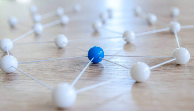 Blue hub node connecting to multiple white spheres on a clean background, visualizing data networks, innovation, and system integration.