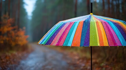 Colorful Striped Umbrella on Forest Path in Autumn Scenery with Blurry Background