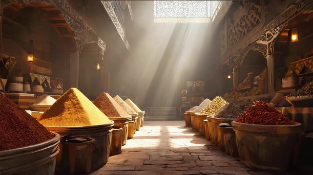 Spices, dried herbs, pungent, healthy and aromatic in brown clay bowls. Eastern and Asian cuisine. Arabian oriental nights market spice bazaar.