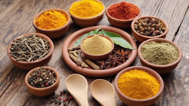 Spices, dried herbs, pungent, healthy and aromatic in brown clay bowls. Eastern and Asian cuisine. Advertising seasonings for cooking 