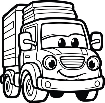 Smiling cartoon cargo truck with large eyes and a friendly expression black and white line art.